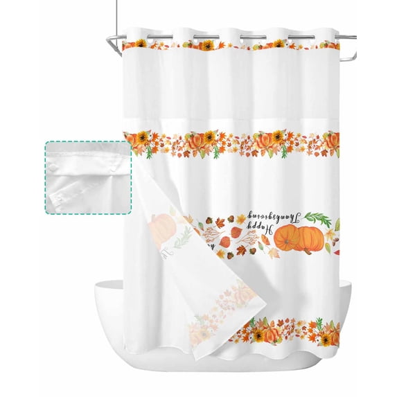 No Hook Shower Curtain with Snap in Liner, Thanksgiving Fall Pumpkin Autumn Flowers Plants Hotel Shower Curtains for Bathroom, Washable Shower Curtain Liner Set with Mesh Top Window, 72"x84"