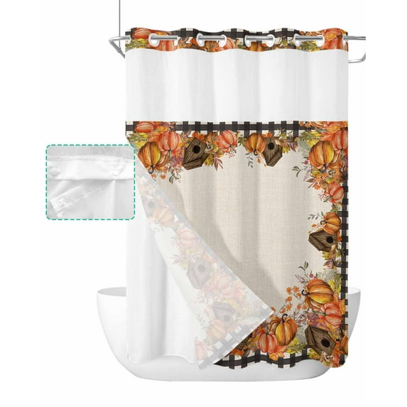 No Hook Shower Curtain with Snap in Liner, Thanksgiving Orange Pumpkin Wreath with Wood House Hotel Shower Curtains for Bathroom, Washable Shower Curtain Liner Set with Mesh Top Window, 48"x72"