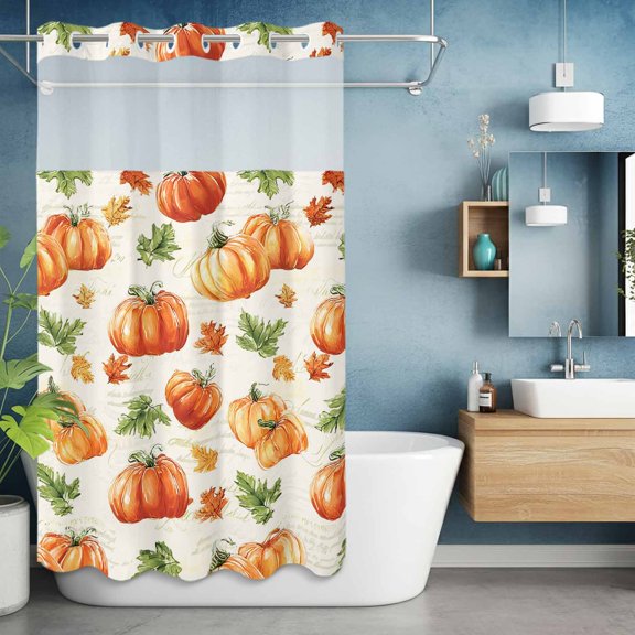 No Hook Shower Curtain with Snap in Liner, Thanksgiving Orange Pumpkins Waterproof Bath Curtain Double Layers with See Through Top Window, Abstract Fall Maple Leaf Hotel Shower Curtains 36x72in