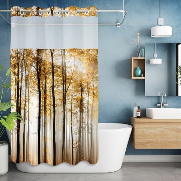 No Hook Shower Curtain with Snap in Liner, Thanksgiving Rustic Maple Tree Waterproof Bath Curtain Double Layers with See Through Top Window, Autumn Forest Trees Theme Hotel Shower Curtains 36x72in