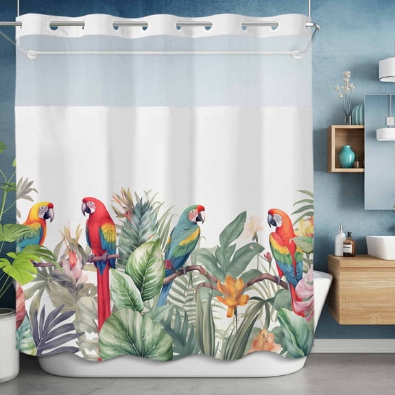 No Hook Shower Curtain with Snap in Liner, Tropical Botanical Leaves Parrot Waterproof Fabric Bathroom Curtain Mesh Top Window, Colorful Bird Foliage Plant Shower Curtains 72x72in