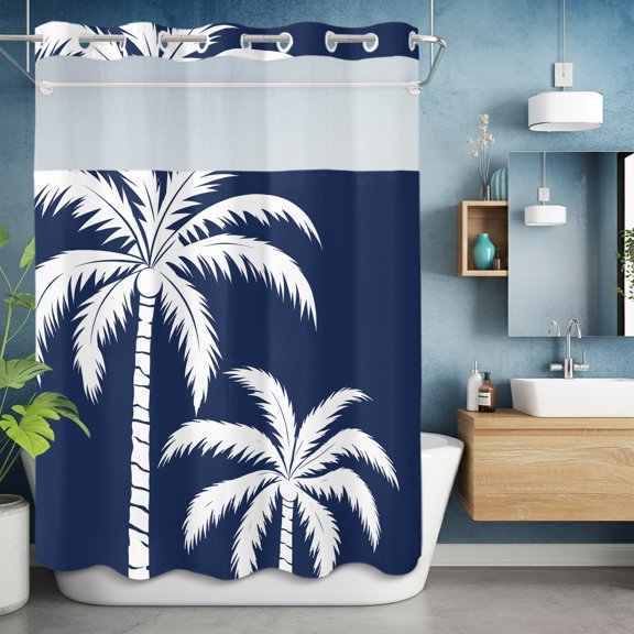 No Hook Shower Curtain with Snap in Liner, Tropical Coconut Tree Waterproof Bath Curtain Double Layers with See Through Top Window, Deep Navy Background Hotel Shower Curtains 60x72in