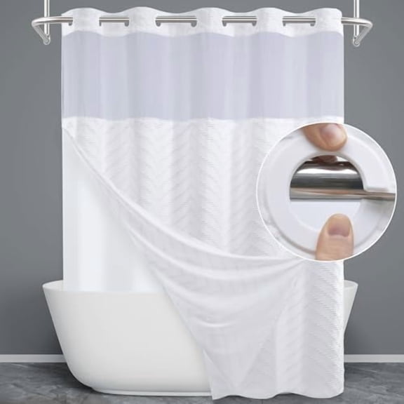 No Hook Shower Curtain with Snap in Liner, Tufted Chevron Striped Shower Curtain Set for Bathroom, Boho Waterproof and Washable Shower Curtains,71Wx74H, White