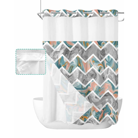 No Hook Shower Curtain with Snap in Liner, Turquoise Grey Marble Abstract Geometric Contemporary Art Shower Curtains for Bathroom, Washable Shower Curtain Liner Set with Mesh Top Window, 72"x84"