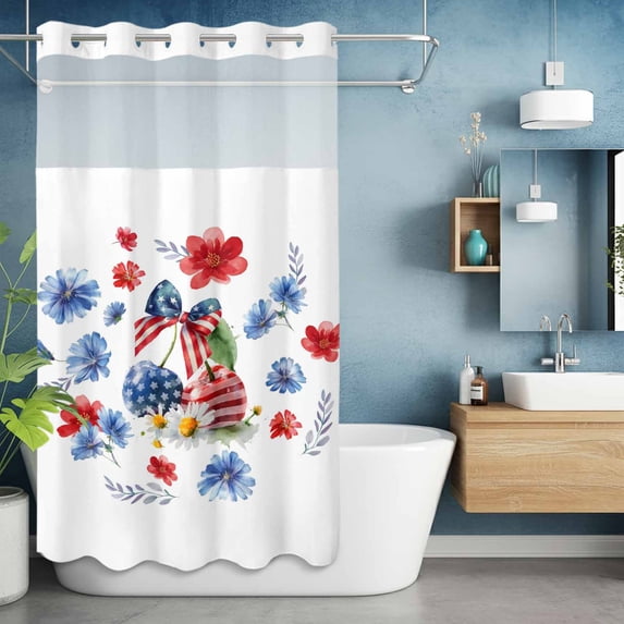 No Hook Shower Curtain with Snap in Liner, USA Flag Cherries with Bow Waterproof Bath Curtain Double Layers with See Through Top Window, Watercolor Red Blue Bouquet Hotel Shower Curtains 36x72in