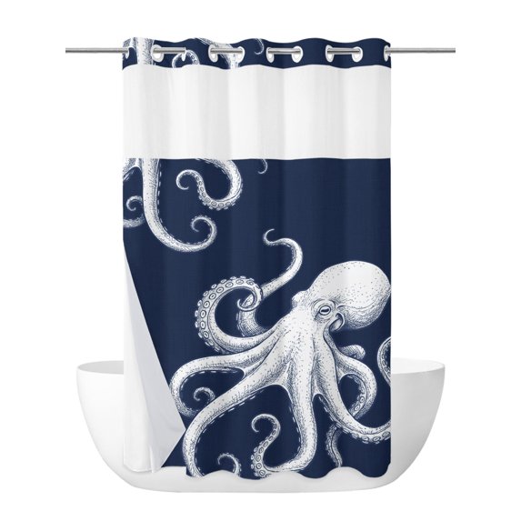 No Hook Shower Curtain with Snap in Liner,Underwater Ocean Giant Octopus Waterproof Bath Curtain with See Through Top Window,Navy Blue White Marine Life Shower Curtains for Bathroom Decor,36x72in