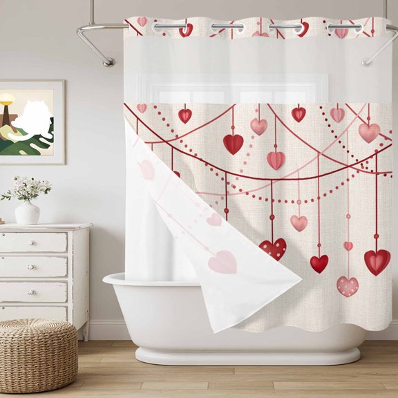 No Hook Shower Curtain with Snap in Liner, Valentine's Day Love Red Stripes Curtain Set See-Through Top Double Layers Romance Heart Retro Linen Shower Curtains for Bathroom Decor, 72x72in