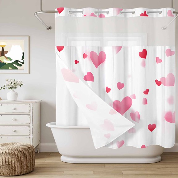 No Hook Shower Curtain with Snap in Liner, Valentine's Day Pink Love on White Curtain Set See-Through Top Double Layers Romance Dream Shower Curtains for Bathroom Decor, 72x72in