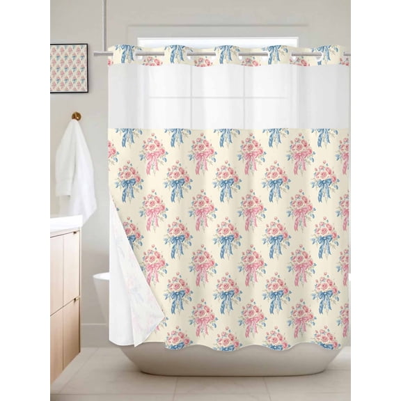 No Hook Shower Curtain with Snap in Liner, Valentine's Day Pink Rose Bouquet Waterproof Bath Curtain Double Layers with See Through Top Window, Romance Floral Seamless Hotel Shower Curtains 72x72in