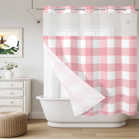 No Hook Shower Curtain with Snap in Liner, Valentine's Day Pink and White Plaid Curtain Set See-Through Top Double Layers Romantic Love Heart Shower Curtains for Bathroom Decor, 72x72in