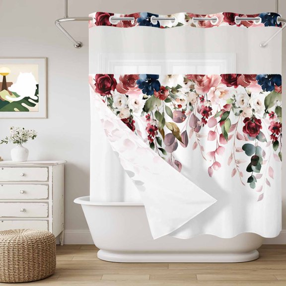 No Hook Shower Curtain with Snap in Liner, Valentine's Day Rose Eucalyptus Curtain Set See-Through Top Double Layers Romantic Floral Watercolor Leaf Shower Curtains for Bathroom Decor, 72x72in