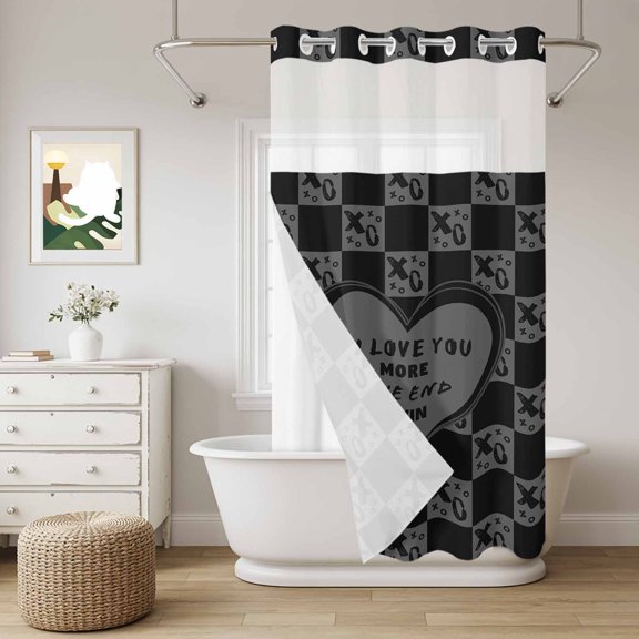No Hook Shower Curtain with Snap in Liner, Valentine's Day XO Love Heart Curtain Set See-Through Top Double Layers Grey and Black Check Shower Curtains for Bathroom Decor, 36x72in