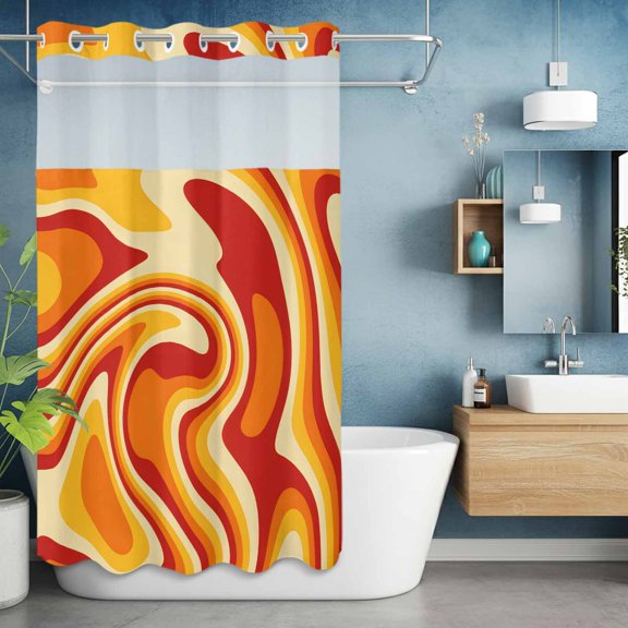 No Hook Shower Curtain with Snap in Liner, Vector Psychedelic Groovy Back Waterproof Bath Curtain with See Through Top Window, Colorful Modern Abstract Liquid Art Shower Curtains 36x72in