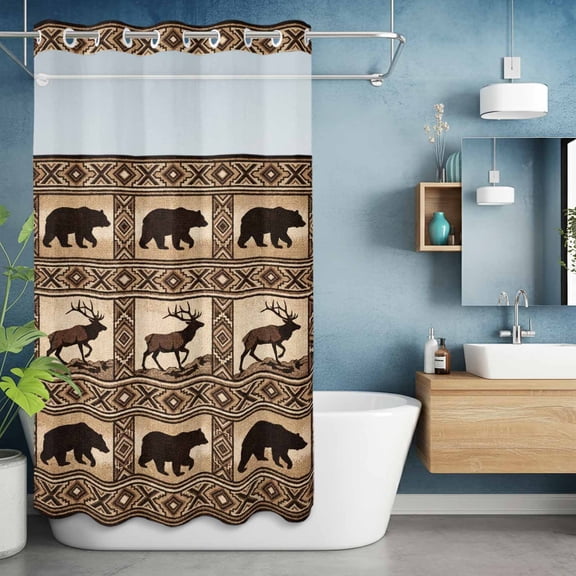 No Hook Shower Curtain with Snap in Liner, Vintage Brown Bears Deer on Linen Waterproof Bath Curtain Double Layers with See Through Top Window, Forest Theme Hotel Shower Curtains 36x72in