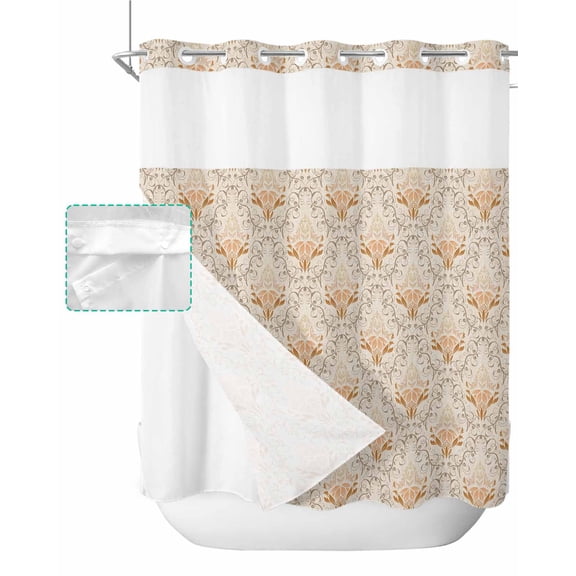 No Hook Shower Curtain with Snap in Liner, Vintage Brown Flowers Pattern Hotel Shower Curtains for Bathroom, Washable Shower Curtain Liner Set with Mesh Top Window, 72”x78”