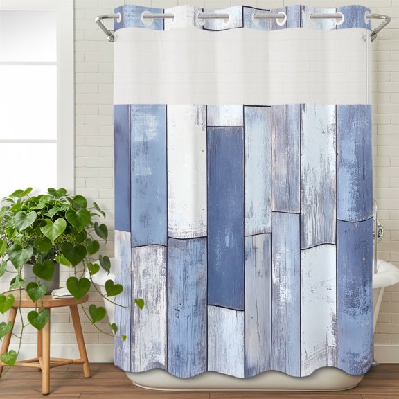 No Hook Shower Curtain with Snap in Liner, Vintage Farm Blue Gray Wood Board Waterproof Bath Curtain Double Layers with See Through Top Window, Vintage Wood Grain Hotel Shower Curtains 48x72in