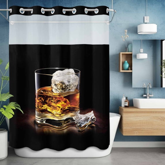 No Hook Shower Curtain with Snap in Liner, Vintage Farm A Glasses of Whiskey with Ice Waterproof Bath Curtain Double Layers with See Through Top Window, Chic Wooden Hotel Shower Curtains 60x72in