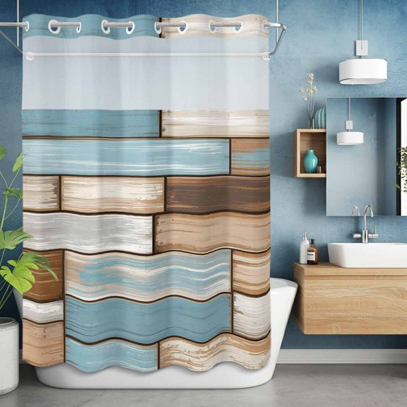 No Hook Shower Curtain with Snap in Liner, Vintage Farmhouse Wooden Board Waterproof Bath Curtain Double Layers with See Through Top Window, Rustic Blue Brown Wood Plank Hotel Shower Curtains 60x72in