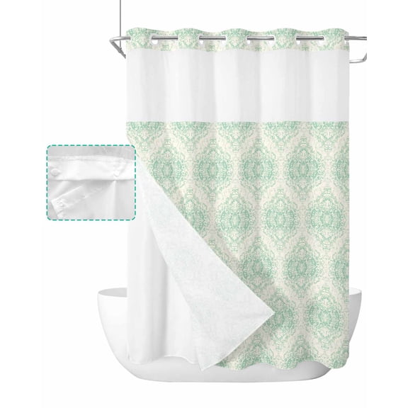 No Hook Shower Curtain with Snap in Liner, Vintage Floral Green Floral Pattern Middle Eastern Style Shower Curtains for Bathroom, Washable Shower Curtain Liner Set with Mesh Top Window, 48"x72"