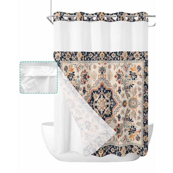 No Hook Shower Curtain with Snap in Liner, Vintage Floral Pattern Abstract Retro Persian Pattern Hotel Shower Curtains for Bathroom, Washable Shower Curtain Liner Set with Mesh Top Window, 72"x84"
