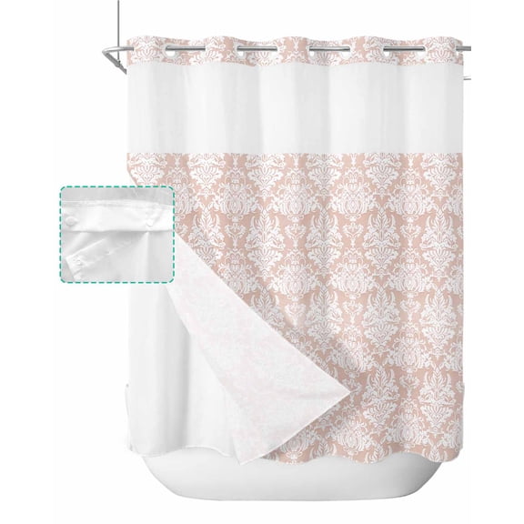 No Hook Shower Curtain with Snap in Liner, Vintage Floral Peach Floral Pattern Middle Eastern Style Shower Curtains for Bathroom, Washable Shower Curtain Liner Set with Mesh Top Window, 72”x78”