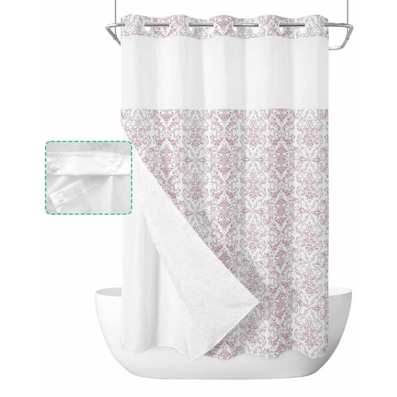 No Hook Shower Curtain with Snap in Liner, Vintage Floral Retro Red Persia Floral Pattern Hotel Shower Curtains for Bathroom, Washable Shower Curtain Liner Set with Mesh Top Window, 36"x72"