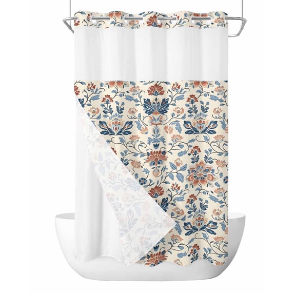 No Hook Shower Curtain with Snap in Liner Vintage Floral Shower Curtain -Fabric Waterproof Inner Liner, Retro Floral Branches Shower Curtains Washable 36"x78"