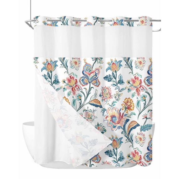 No Hook Shower Curtain with Snap in Liner Vintage Floral Shower Curtain -Fabric Waterproof Inner Liner, Retro Watercolor Floral Branches Shower Curtains Washable 72"x72"