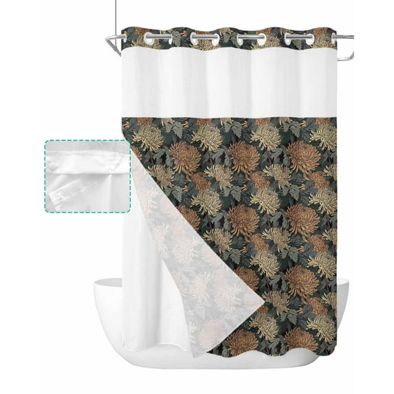 No Hook Shower Curtain with Snap in Liner, Vintage Flower Dahlia Texture Hotel Shower Curtains for Bathroom, Washable Shower Curtain Liner Set with Mesh Top Window, 72"x84"