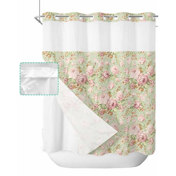 No Hook Shower Curtain with Snap in Liner, Vintage Flower Pink Camellia Floral Sage Green Hotel Shower Curtains for Bathroom, Washable Shower Curtain Liner Set with Mesh Top Window, 72"x72"