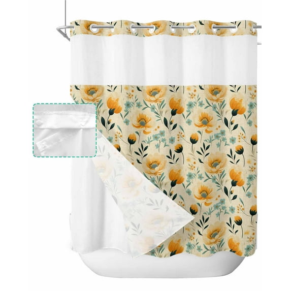No Hook Shower Curtain with Snap in Liner, Vintage Flowers Blue Yellow Floral Linen Hotel Shower Curtains for Bathroom, Washable Shower Curtain Liner Set with Mesh Top Window, 72"x72"