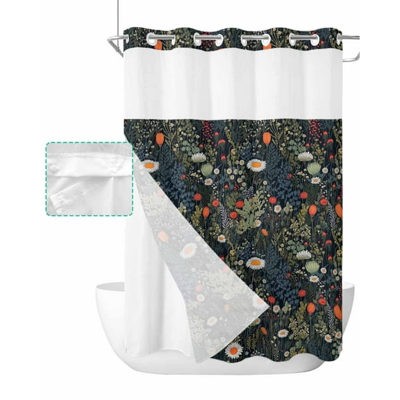 No Hook Shower Curtain with Snap in Liner, Vintage Flowers Floral Botanical Leaves Hotel Shower Curtains for Bathroom, Washable Shower Curtain Liner Set with Mesh Top Window, 48"x72"