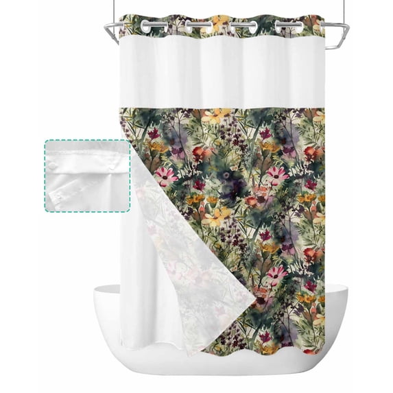No Hook Shower Curtain with Snap in Liner, Vintage Flowers Green Plant Leaves Hotel Shower Curtains for Bathroom, Washable Shower Curtain Liner Set with Mesh Top Window, 36"x72"