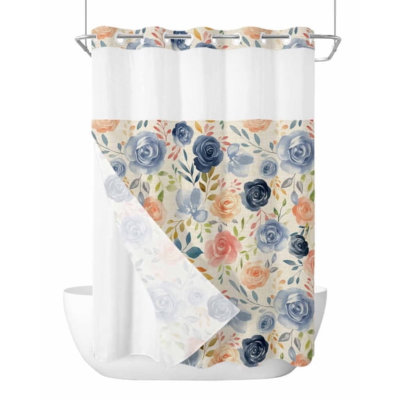 No Hook Shower Curtain with Snap in Liner Vintage Flowers Shower Curtain -Fabric Waterproof Inner Liner, Pink Blue Flowers Leaf Decoration Shower Curtains Washable 60"x72"