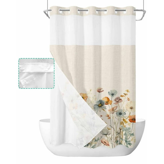 No Hook Shower Curtain with Snap in Liner, Vintage Flowers Watercolor Floral Leaves Linen Hotel Shower Curtains for Bathroom, Washable Shower Curtain Liner Set with Mesh Top Window, 36"x72"