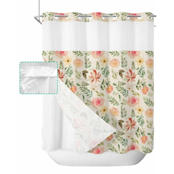 No Hook Shower Curtain with Snap in Liner, Vintage Flowers Watercolor Floral Plant Leaves Hotel Shower Curtains for Bathroom, Washable Shower Curtain Liner Set with Mesh Top Window, 66"x72"