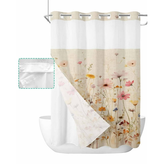 No Hook Shower Curtain with Snap in Liner, Vintage Flowers Watercolor Floral Plant Leaves Linen Hotel Shower Curtains for Bathroom, Washable Shower Curtain Liner Set with Mesh Top Window, 72"x96"