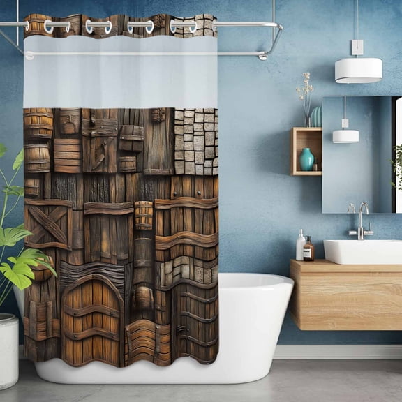 No Hook Shower Curtain with Snap in Liner, Vintage Medieval Wooden Door Waterproof Bath Curtain Double Layers with See Through Top Window, Farmhouse Stone Hotel Shower Curtains 36x72in