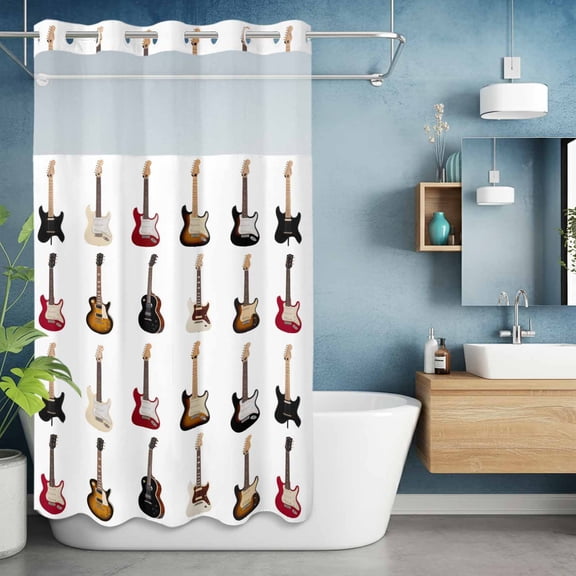 No Hook Shower Curtain with Snap in Liner, Vintage Musical Instrument Waterproof Fabric Bathroom Curtain Mesh Top Window, Cartoon Guitar Bass Shower Curtains 36x72in