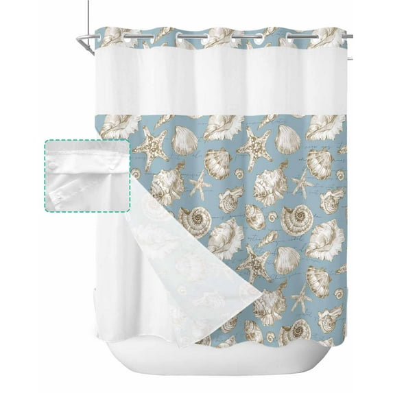 No Hook Shower Curtain with Snap in Liner, Vintage Ocean Starfish Shell Blue Hotel Shower Curtains for Bathroom, Washable Shower Curtain Liner Set with Mesh Top Window, 66"x72"