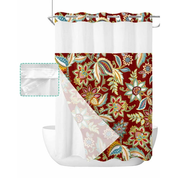 No Hook Shower Curtain with Snap in Liner, Vintage Paisley Flowers Traditional Floral Red Background Shower Curtains for Bathroom, Washable Shower Curtain Liner Set with Mesh Top Window, 60"x72"
