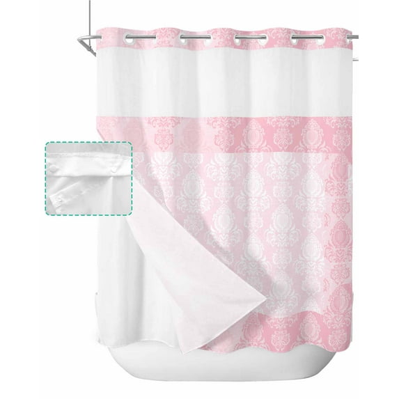 No Hook Shower Curtain with Snap in Liner, Vintage Pink European Floral Pattern Hotel Shower Curtains for Bathroom, Washable Shower Curtain Liner Set with Mesh Top Window, 66"x72"