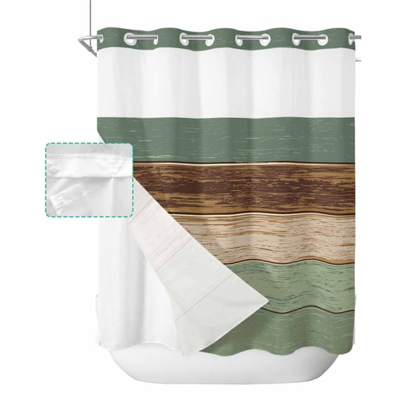 No Hook Shower Curtain with Snap in Liner, Vintage Sage Green Brown Wood Grain Farm Hotel Shower Curtains for Bathroom, Washable Shower Curtain Liner Set with Mesh Top Window, 72”x78”