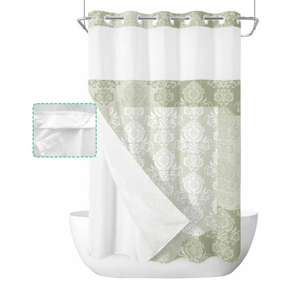No Hook Shower Curtain with Snap in Liner, Vintage Sage Green European Floral Pattern Hotel Shower Curtains for Bathroom, Washable Shower Curtain Liner Set with Mesh Top Window, 36"x72"