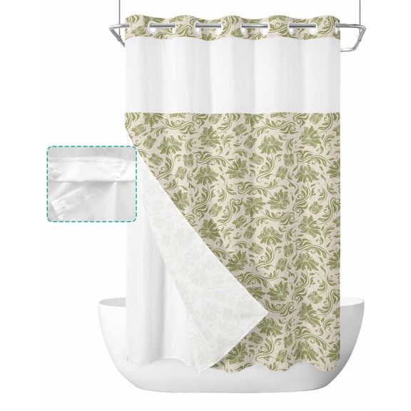 No Hook Shower Curtain with Snap in Liner, Vintage Sage Green Floral Plants Pattern Hotel Shower Curtains for Bathroom, Washable Shower Curtain Liner Set with Mesh Top Window, 36"x72"