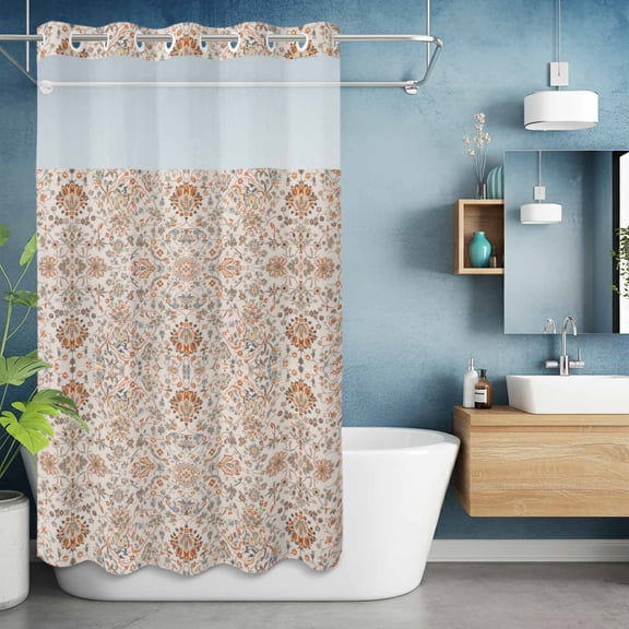No Hook Shower Curtain with Snap in Liner, Vintage Seamless Flower Texture Waterproof Bath Curtain Double Layers with See Through Top Window, Tribal Ethnic Floral Art Hotel Shower Curtains 36x72in