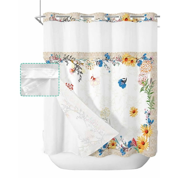 No Hook Shower Curtain with Snap in Liner, Vintage Spring Blue Yellow and Red Flowers and Botanical Shower Curtains for Bathroom, Washable Shower Curtain Liner Set with Mesh Top Window, 66"x72"