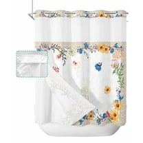 No Hook Shower Curtain with Snap in Liner, Vintage Spring Blue Yellow and Red Flowers and Botanical Shower Curtains for Bathroom, Washable Shower Curtain Liner Set with Mesh Top Window, 66"x72"