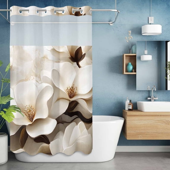 No Hook Shower Curtain with Snap in Liner, Vintage White Magnolia Botanical Waterproof Bath Curtain Double Layers with See Through Top Window, Modern Farmhouse Painting Hotel Shower Curtains 36x72in