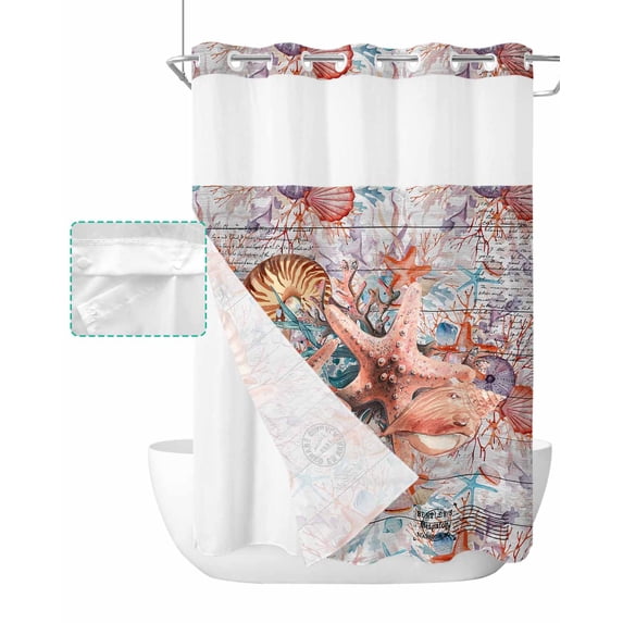 No Hook Shower Curtain with Snap in Liner, Vintage White Wood Grain with Ocean Starfish and Coral Hotel Shower Curtains for Bathroom, Washable Shower Curtain Liner Set with Mesh Top Window, 72"x96"